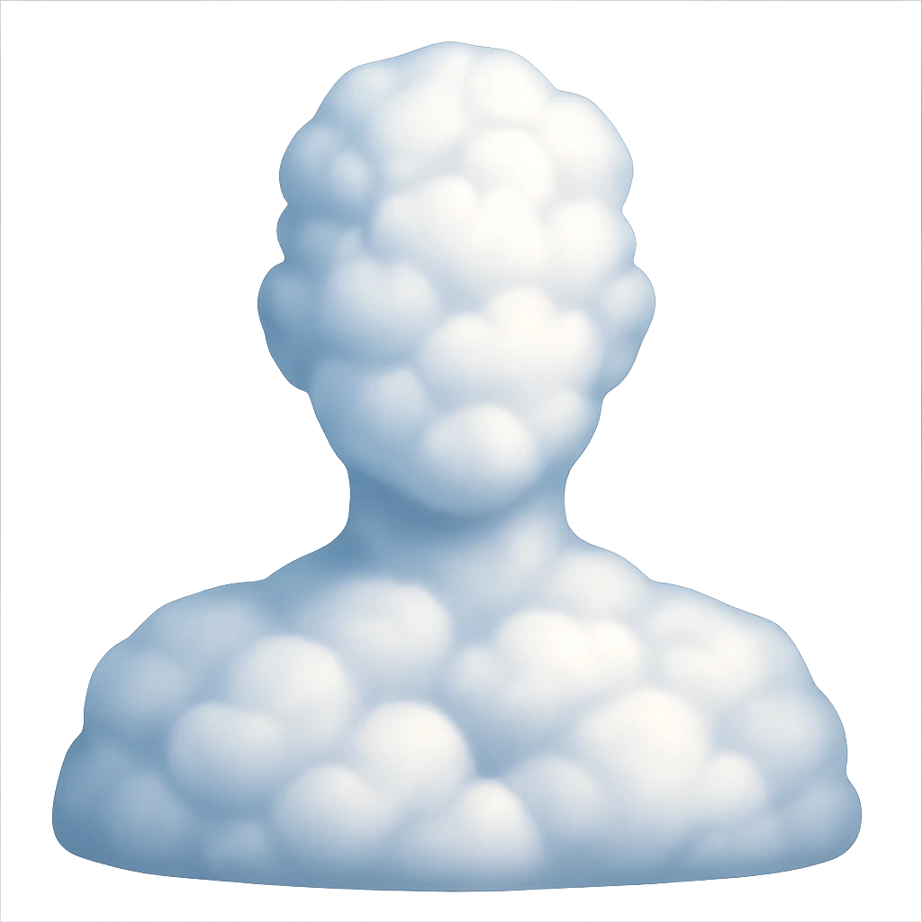 contour of a person from shoulders up facing forward, filled entirely with 3D fluffy white clouds inside, volumetric, soft, realistic lighting and shadows, in the style of Apple emoji clouds, front view emoji