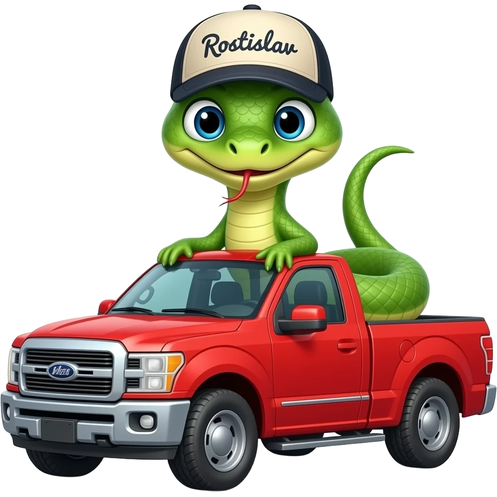 A snake wearing a cap with the inscription Rostislav sits in a red pickup truck. emoji