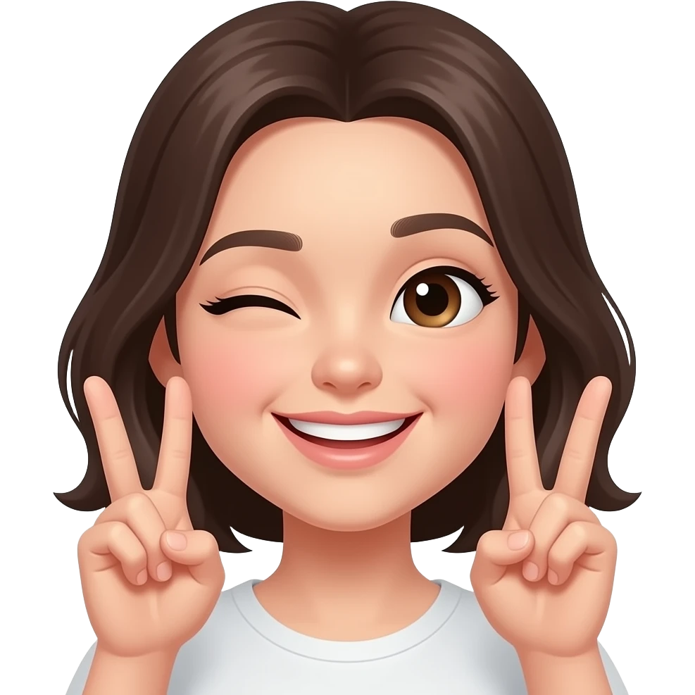 an anime-style girl smiling and winking, both hands near the face, index, middle, and ring fingers extended on each hand emoji