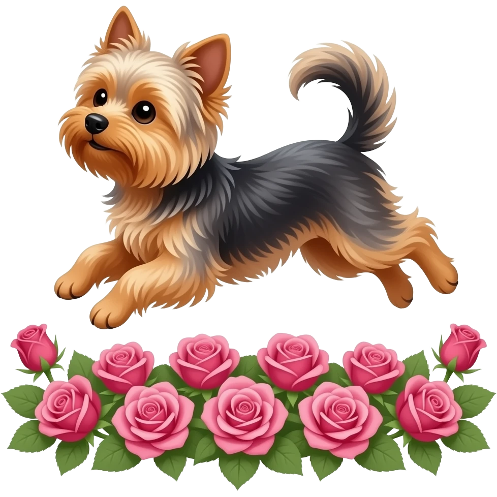 Yorkie dog  long tail jumping in roses emoji