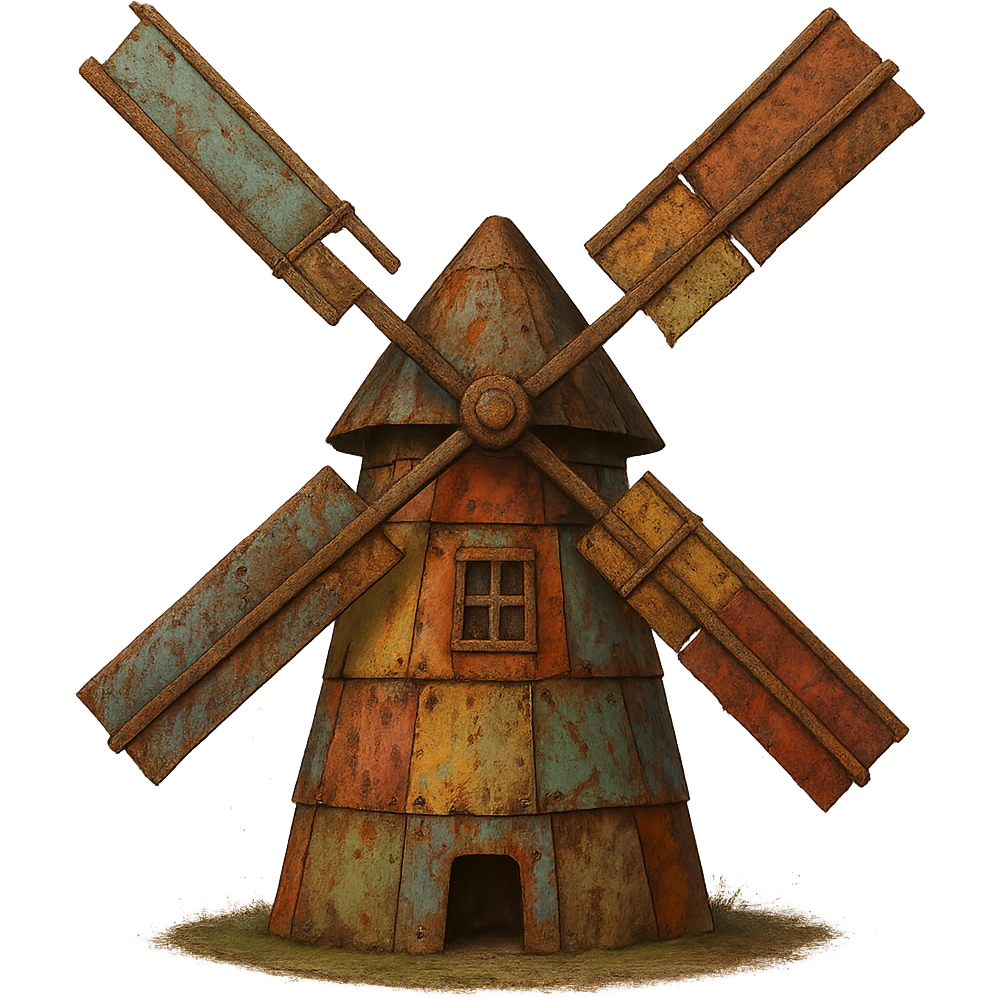 Make the windmill look rusty and weathered, preserving the patchwork and playful look. Keep the transparent background intact. The style should reflect a weathered, rusty look while maintaining the patchwork and playful aesthetic. emoji