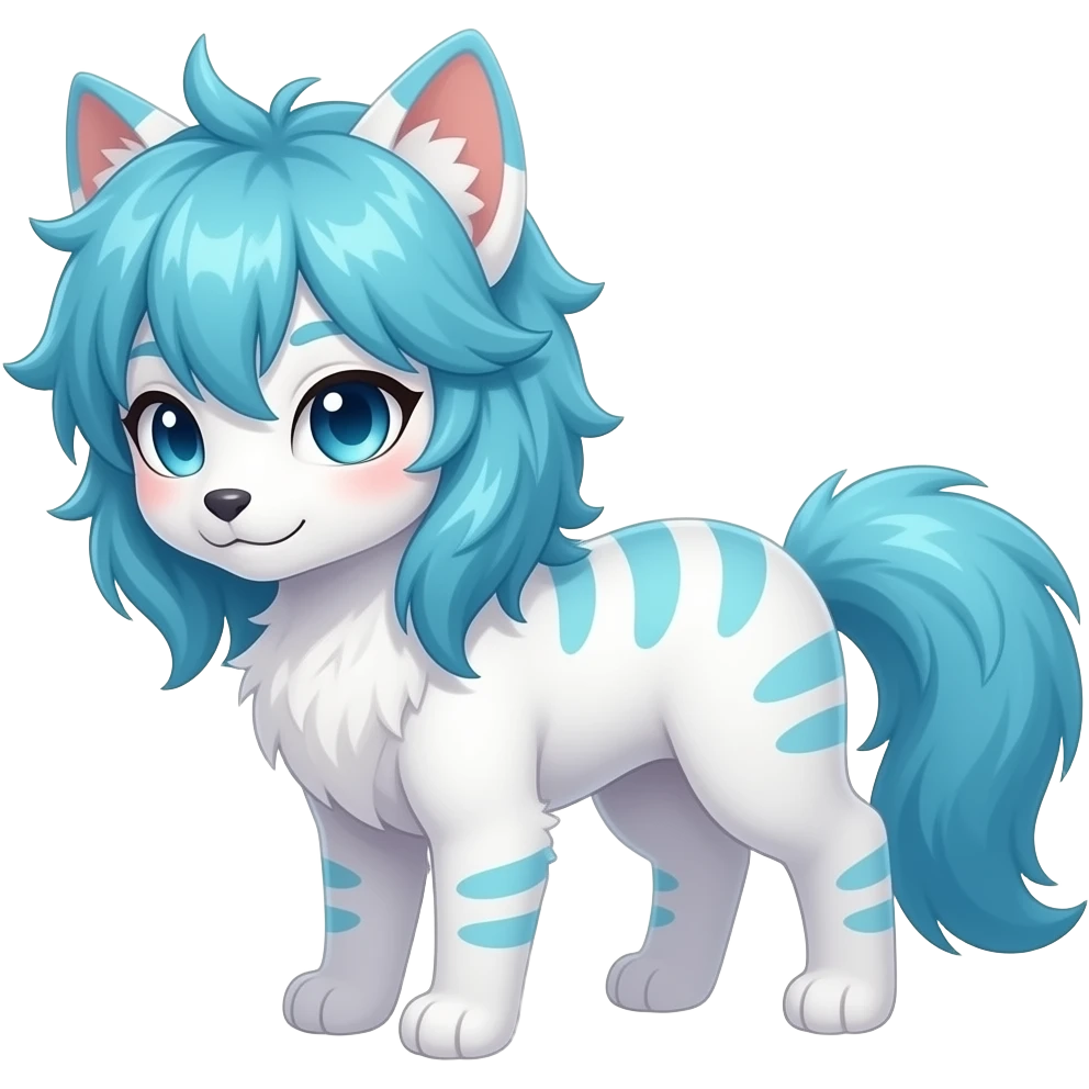 White badass elegant wild beautiful natural cute badass epic anthro modern albino sergal-vernid-creature with cyan mane with cyan edgy stripes, full body, blue pretty hair, outside, modern, aesthetic, art by LiLaiRa, art by art by Falvie emoji