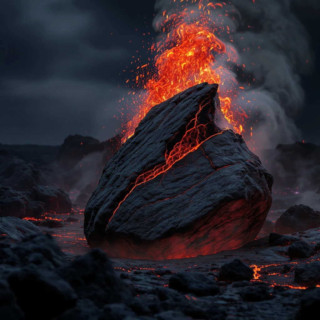 a jagged black lava boulder with fiery cracks, dramatic lighting emoji