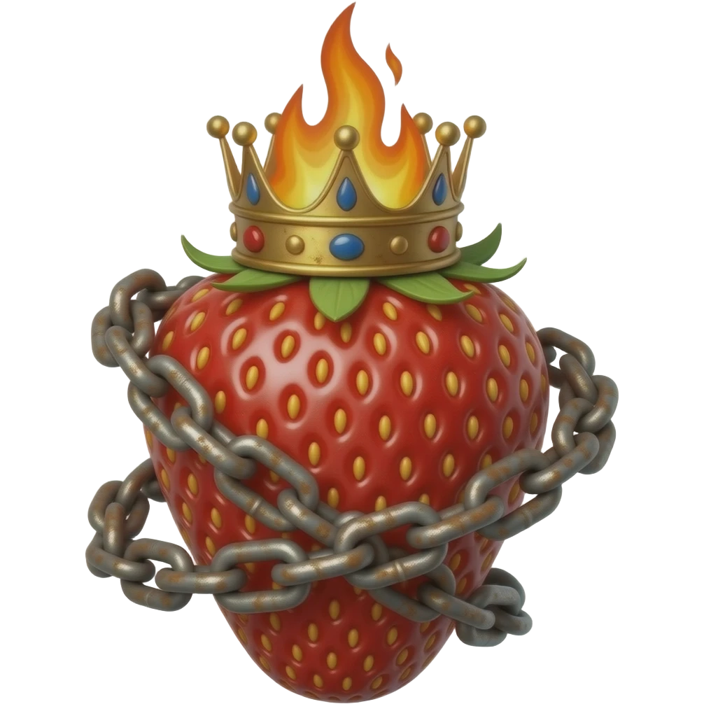 steampunk style - a strawberry made of steel with a rusty, richly decorated English royal crown on top that is flaming. An oversized rusty chain is wrapped around the strawberry's body and is spinning around its body emoji