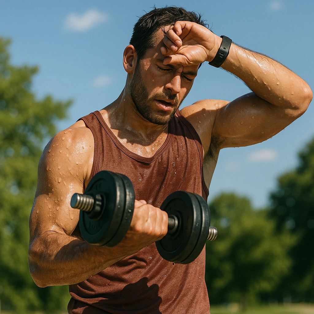 uomo fitness che si allena in estate, tutto sudato, con una mano fa un curl manubri mentre con l'altra mano si asciuga il sudore dalla fronte, espressione affaticata in volto emoji