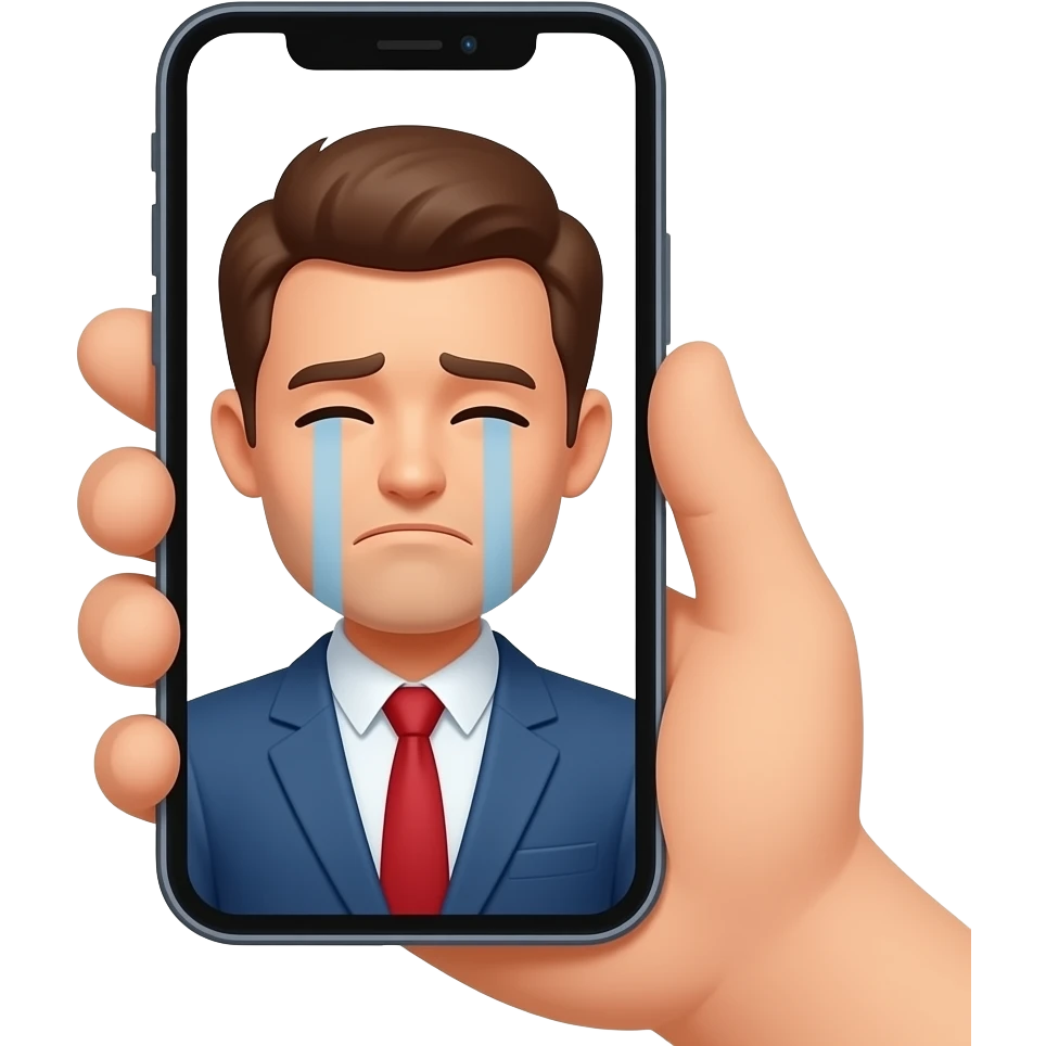 man unhappy reflection in phone screen in hand emoji
