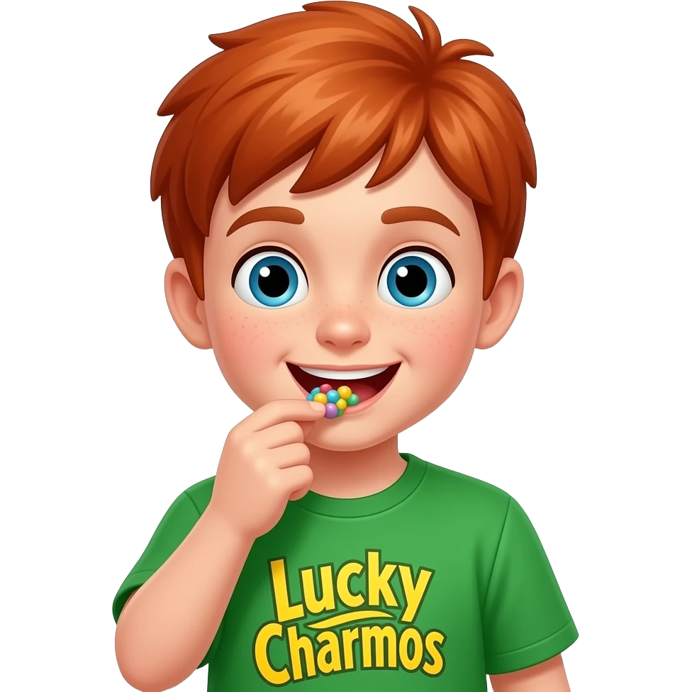 a boy with red hair dressed in green eating lucky charms emoji