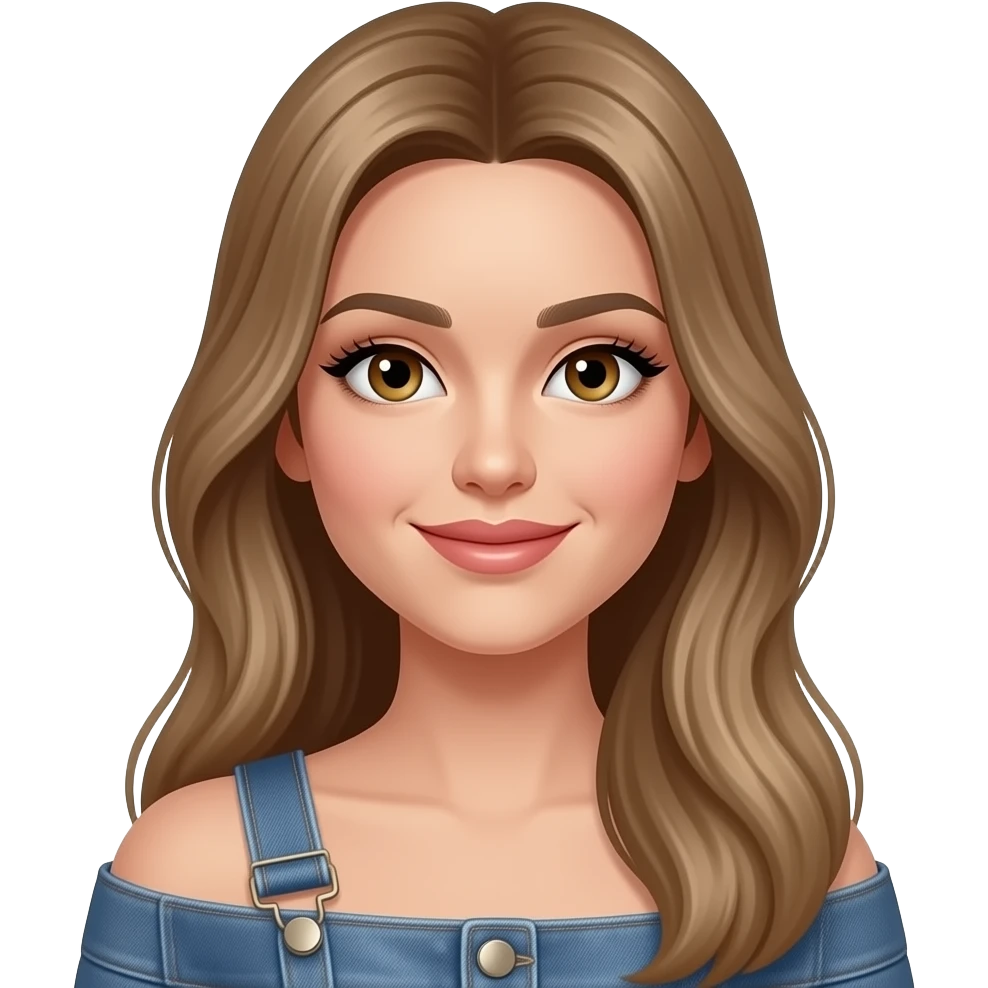 Woman with an oval face, light tan glowing skin, large almond-shaped hazel eyes with long lashes, light full arched eyebrows, straight slim nose, full lips, long light blondish brown smooth hair, symmetrical model-like face, elegant and light smile . Wearing Crop top and pants jeans emoji