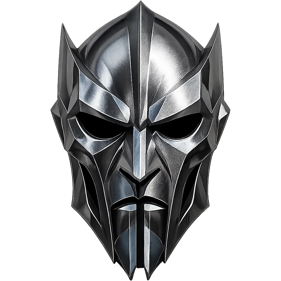 sharp angular metallic silver mask with chrome shine inspired by gladiator helmets, high forehead, deep eye cutouts, long vertical nose bridge splitting into two bars below mouth, symmetrical intimidating futuristic villain or antihero appearance emoji