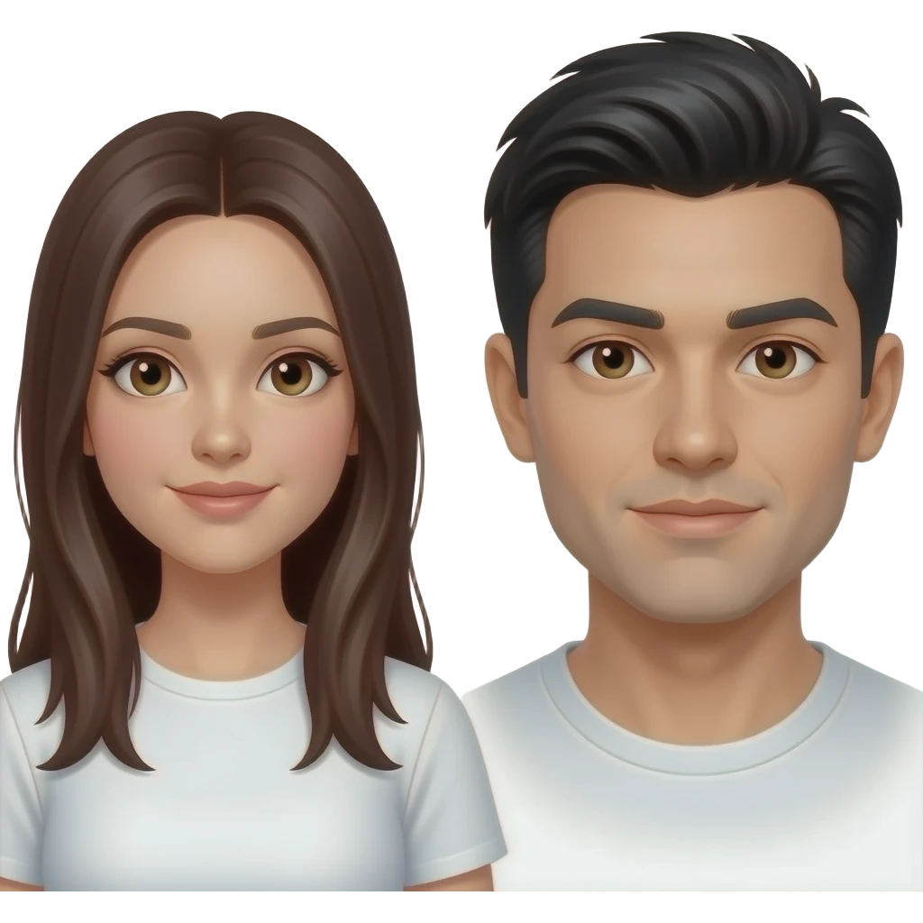 Ban bi tane baya uzun saçlı saçları koyu kumral gözşeri ela bi tane kız ve onun yanına beyaz ama biraz esmere kaçan bi erkek saçları siyah olsun ve düz gelsin saçları emoji