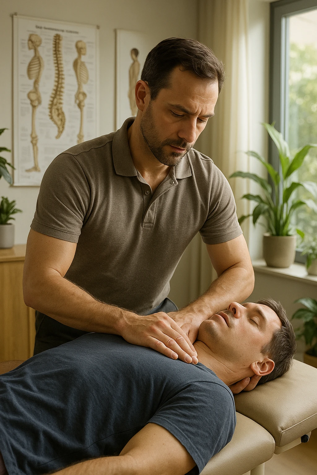 A realistic, cinematic illustration of a professional osteopath in his late 30s, wearing a fitted polo shirt in a neutral color, performing gentle manual manipulations on a patient to improve posture. The osteopath uses precise hand placement along the patient's upper back and cervical spine while the patient lies on a comfortable treatment table in a bright, modern clinic. Anatomical posters showing the spine and posture alignment are on the wall, and the room has warm, natural lighting with plants for a calming atmosphere. The scene emphasizes hands-on osteopathic care to restore body alignment, spinal mobility, and posture, showcasing trust, professionalism, and holistic care emoji