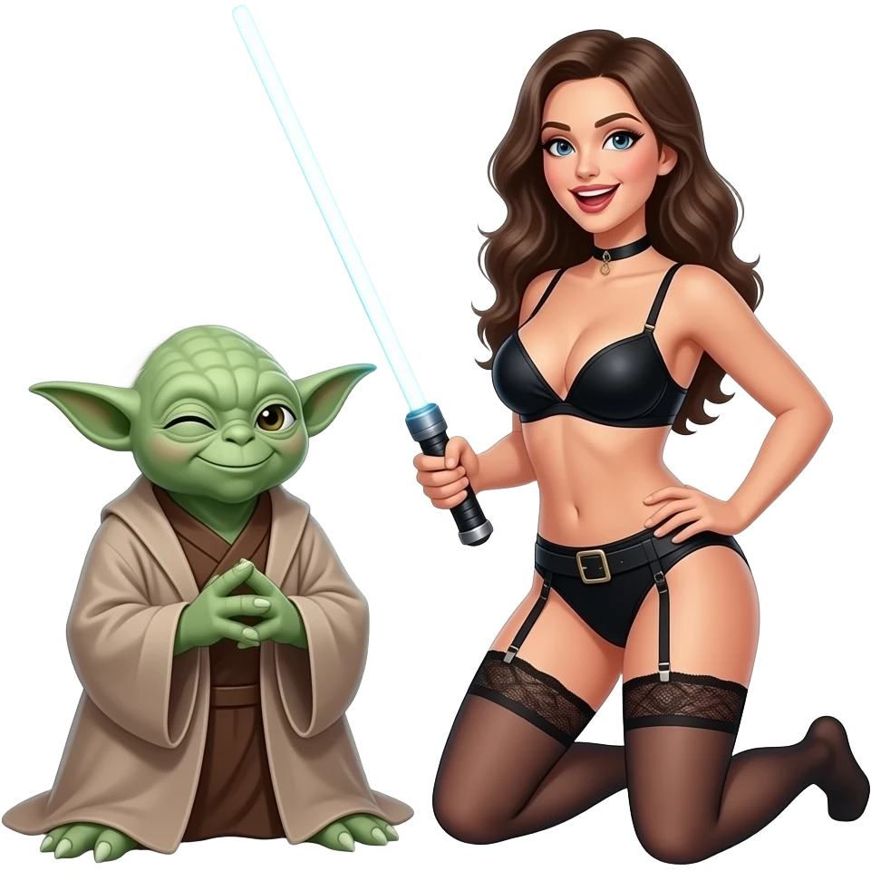 Yoda smiling with a wink, with a lady, wearing black lingerienurse ,topless, more cleavage  top of clothes more low cuta large light saberlarge breasts, garter belt, kneeling , mouth open emoji