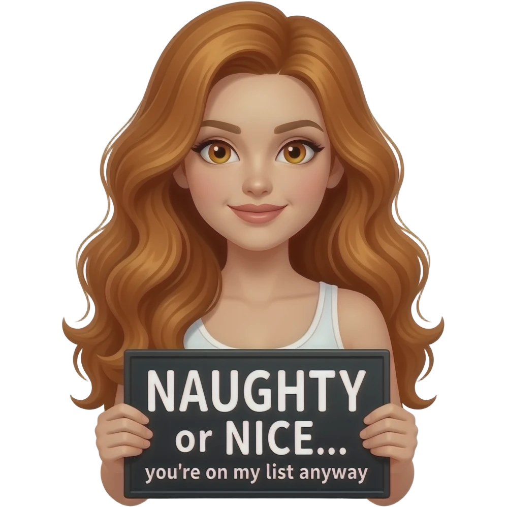 sexy girl with long wavy ginger hair and ginger eyes wearing a white tanktop is holding a black colored sign with NAUGHTY or NICE... you're on my list anyway written on it emoji