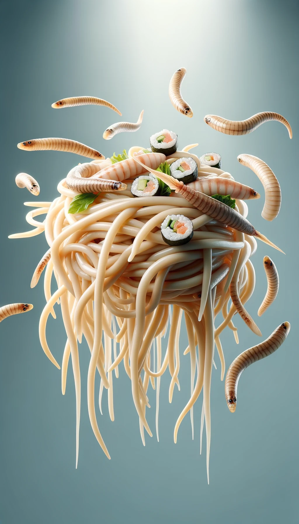 sushi crudo fluttua in aria insieme a dei lunghi vermi beige chiaro, iperrealistico 4k emoji