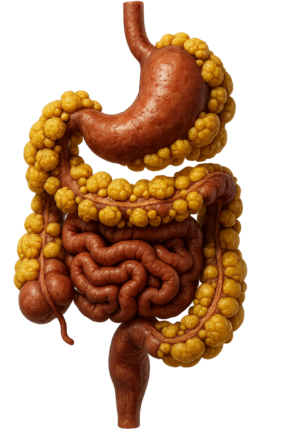 STOMACO E INTESTINO SONO VERTICALMENTE COLLEGATI E INTORNO A QUESTI ORGANI CI SONO CELLULE DI GRASSO GIALLE ATTACCATE SOPRA A GRAPPOLI, IPERREALISTICO 4K emoji