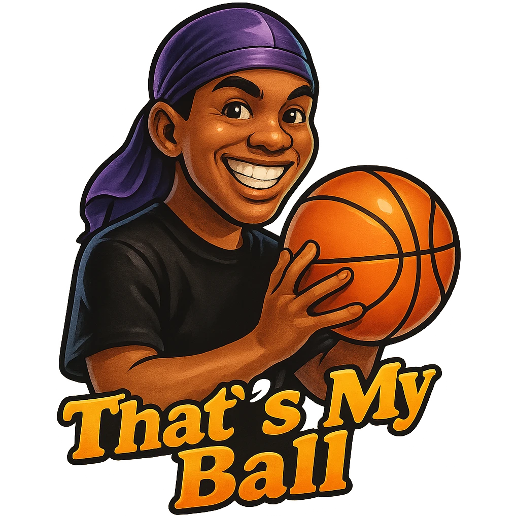 grin eyes 
Holding Basketball with 2 hands
make his shirt Black
Change His durag To Purple
Make it say " That's My Ball  " emoji
