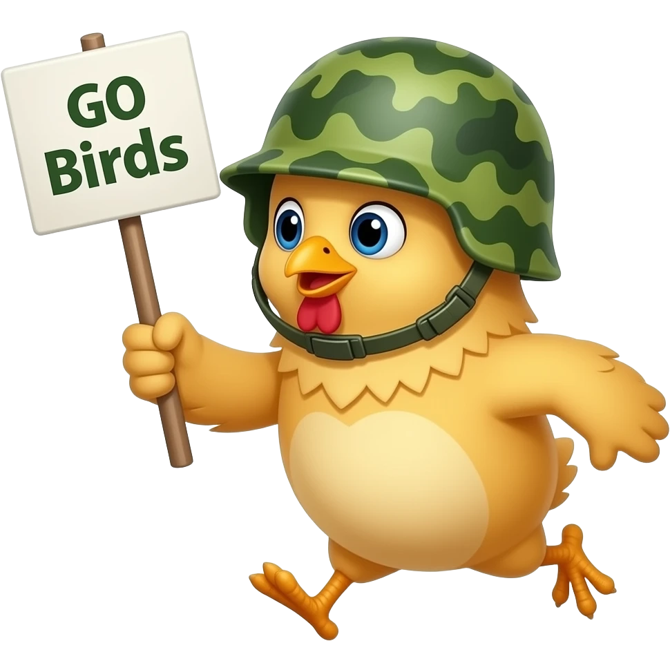 Chick with green camo army helmet on its head running with sign that says go birds emoji