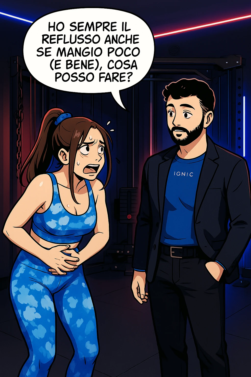 TRASFORMA QUESTO CAROSELLO IN UN FUMETTO STILE WEBTOON/MANGA A COLORI CON QUESTE DUE PERSONE IDENTICHE CHE INTERLOQUISCONO TRA LORO, LA DONNA è DISPERATA CON LE MANI sulla pania perché soffre di reflusso E STA DOMANDANDO TUTTA AGITATA UNA COSA ALL'UOMO:

LEI (DONNA): Ho sempre il reflusso anche se mangio poco (e bene), cosa posso fare?
 emoji
