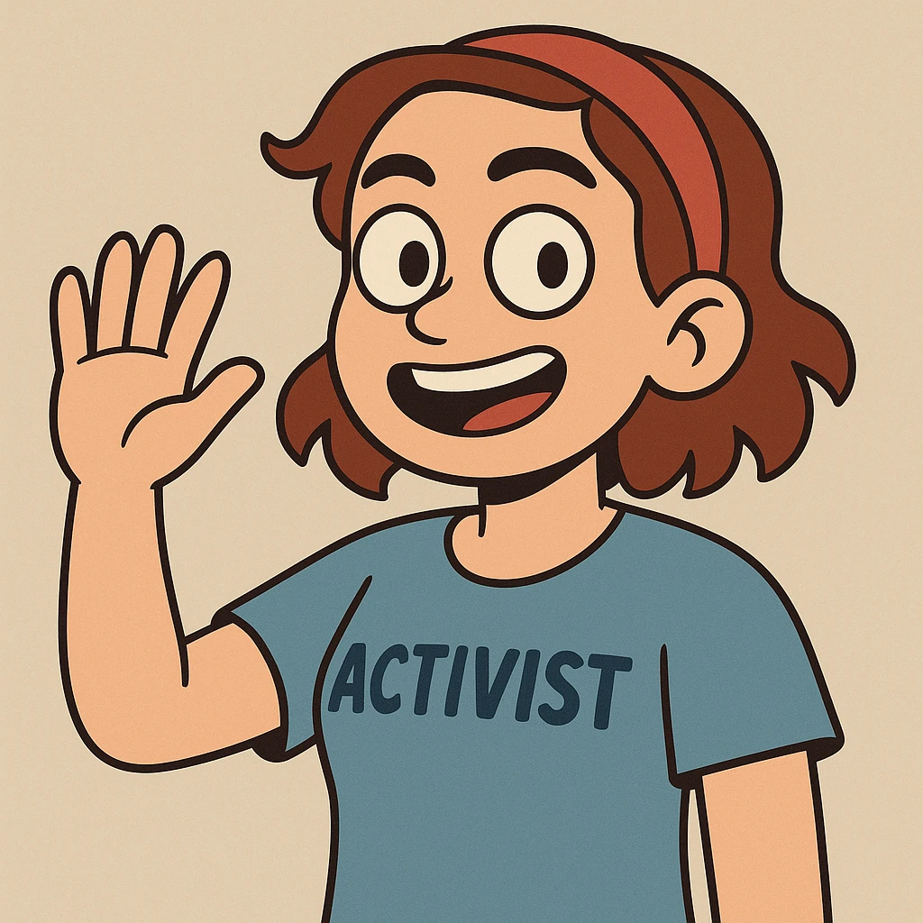3D face of an activist girl waving her hand in a blue T-shirt emoji