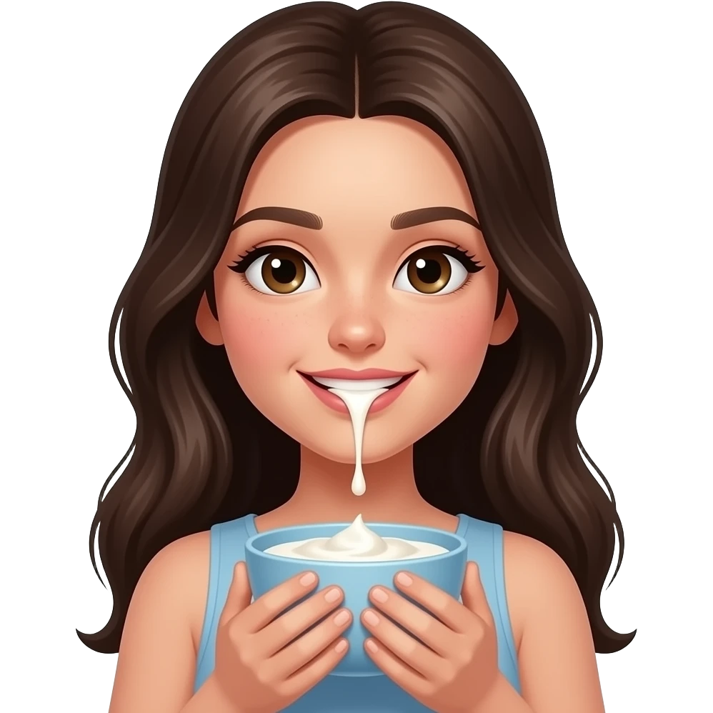 beautiful pale brunette girl with long hair with yogurt, dripping from her mouth emoji