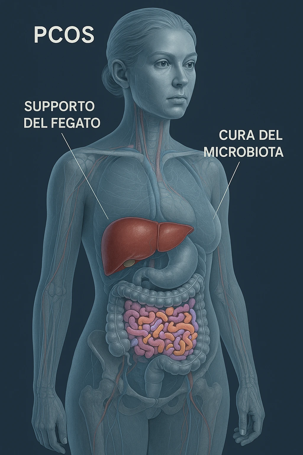 donna supportare fegato e microbiota in 3D immagine medica donna pcos in italiano  emoji