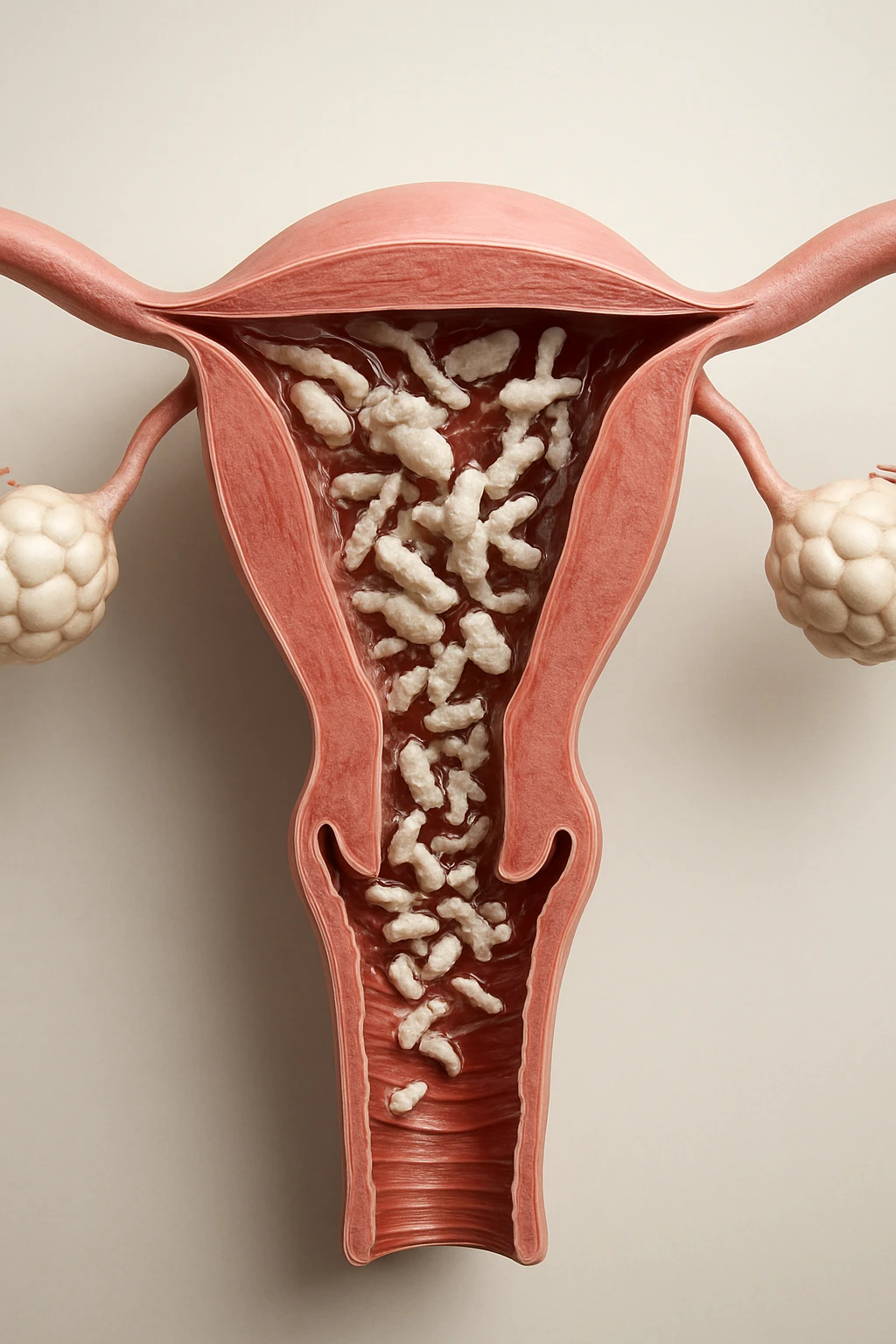 corpo umano anatomico con batteri come la candida nell'utero, sfondo neutro chiaro, iperrealistico 4k emoji