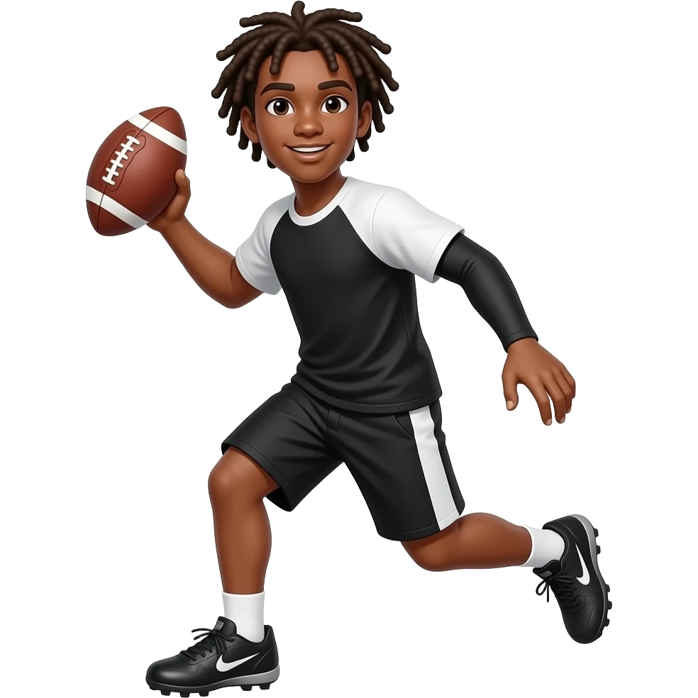 Brown skin with dreads teenager with black and white shirt #3 black and white shorts #3 Nike cleats black arm sleeve throwing the football emoji