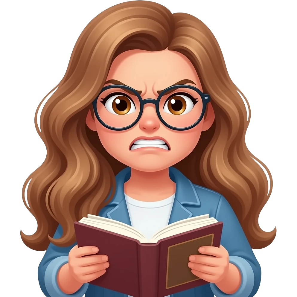 detailed emoji illustration of a curvy woman with long light brown wavy hair, light brown eyes and round glasses, and a cool outfit holding a book with an angry expression, frustrated by the story, cute emoji style emoji