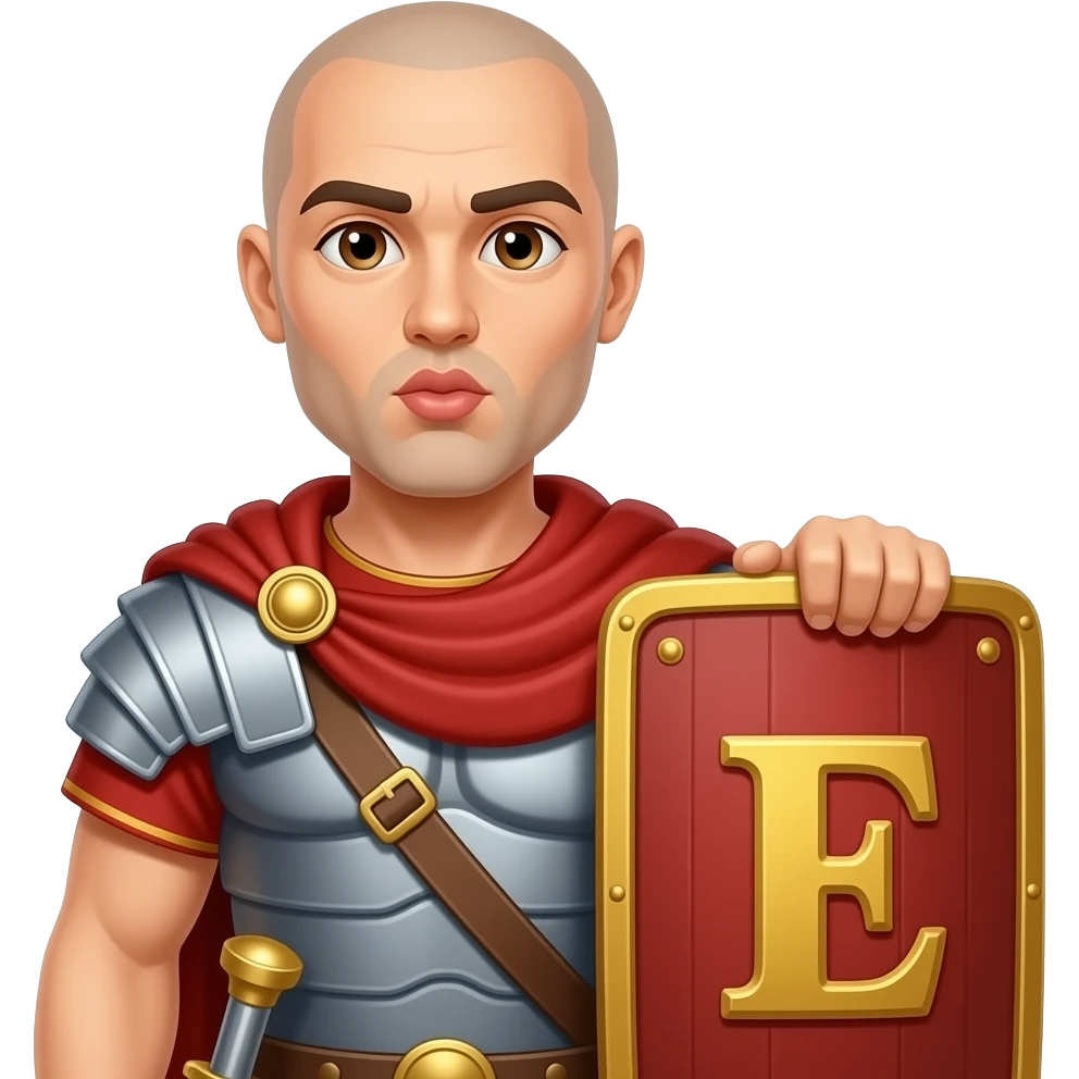 Muscular Roman soldier bald with brown eyes blowing a kiss with hand the Letter E on the shield emoji