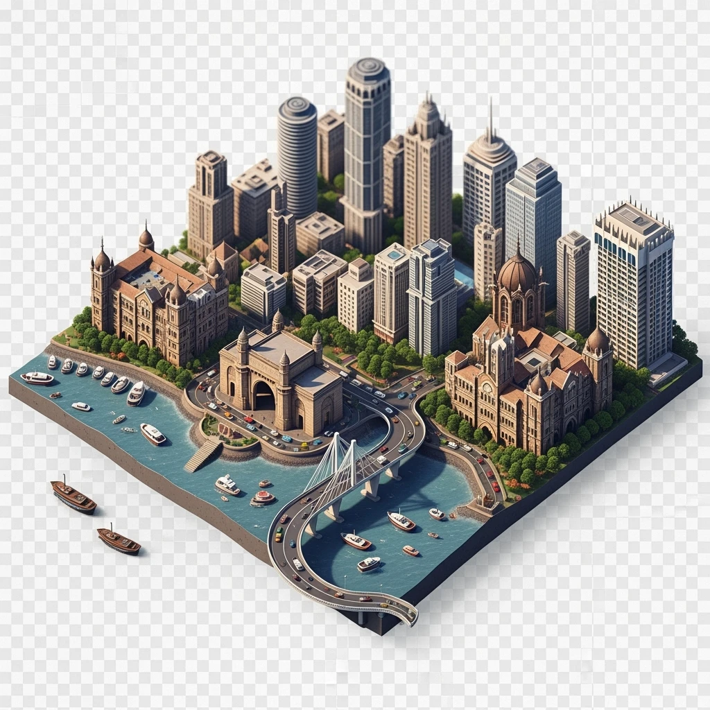 Isometric miniature of Mumbai city, featuring iconic landmarks like Gateway of India, Bandra-Worli Sea Link, Chhatrapati Shivaji Terminus,  clustered high-rises and skyscrapers, 3D miniature effect and Tilt Shift effect, no cartoonish look, transparent background.

 clustered high-rises emoji