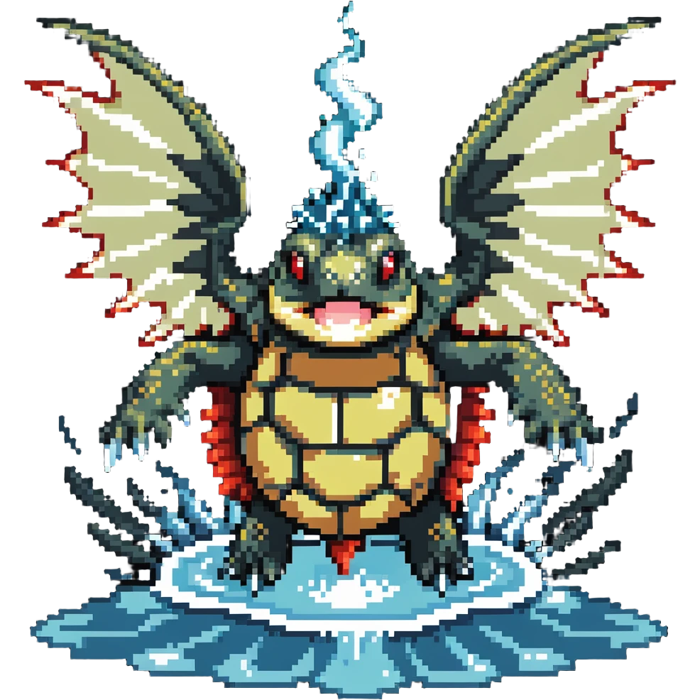 Spiky-shelled turtle with dragon wings, sharp fangs, and dangerous claws, firing a jet of water and steam from its mouth emoji