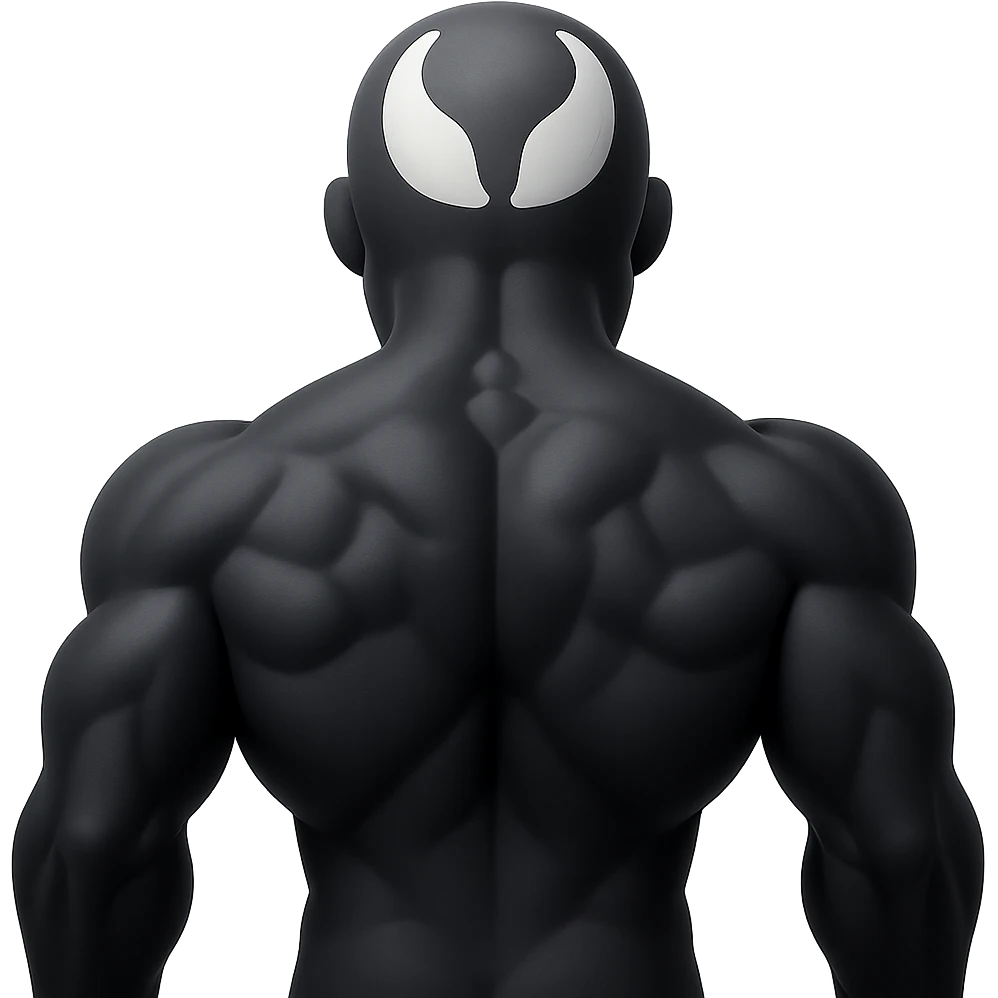 Make this character a full black Venom, keeping the rear back view and muscular details, in the style of apple emojis with concise style and colors. emoji