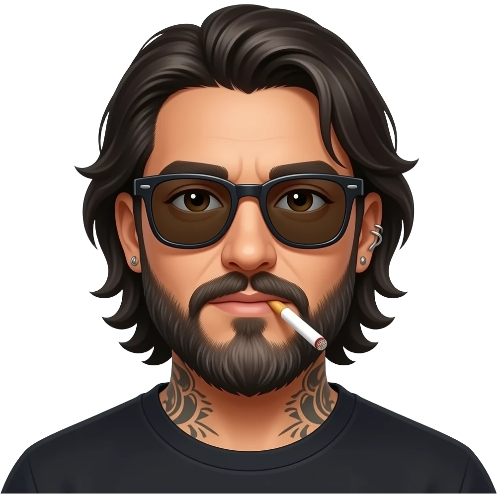 The handsome manly Latino podcast host with medium length hair, a long  slightly graying beard and tattoos with his ears pierced and a nose ring on the right side, dark brown eyes, dark sunglasses, smoking cigarettes emoji