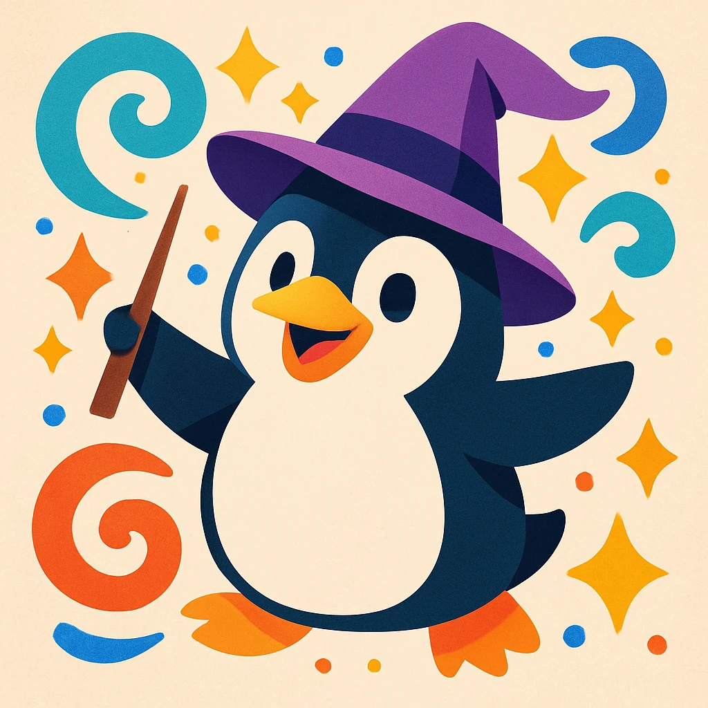 a playful penguin wizard with a purple hat, swirling magic around, vibrant modern illustration style emoji