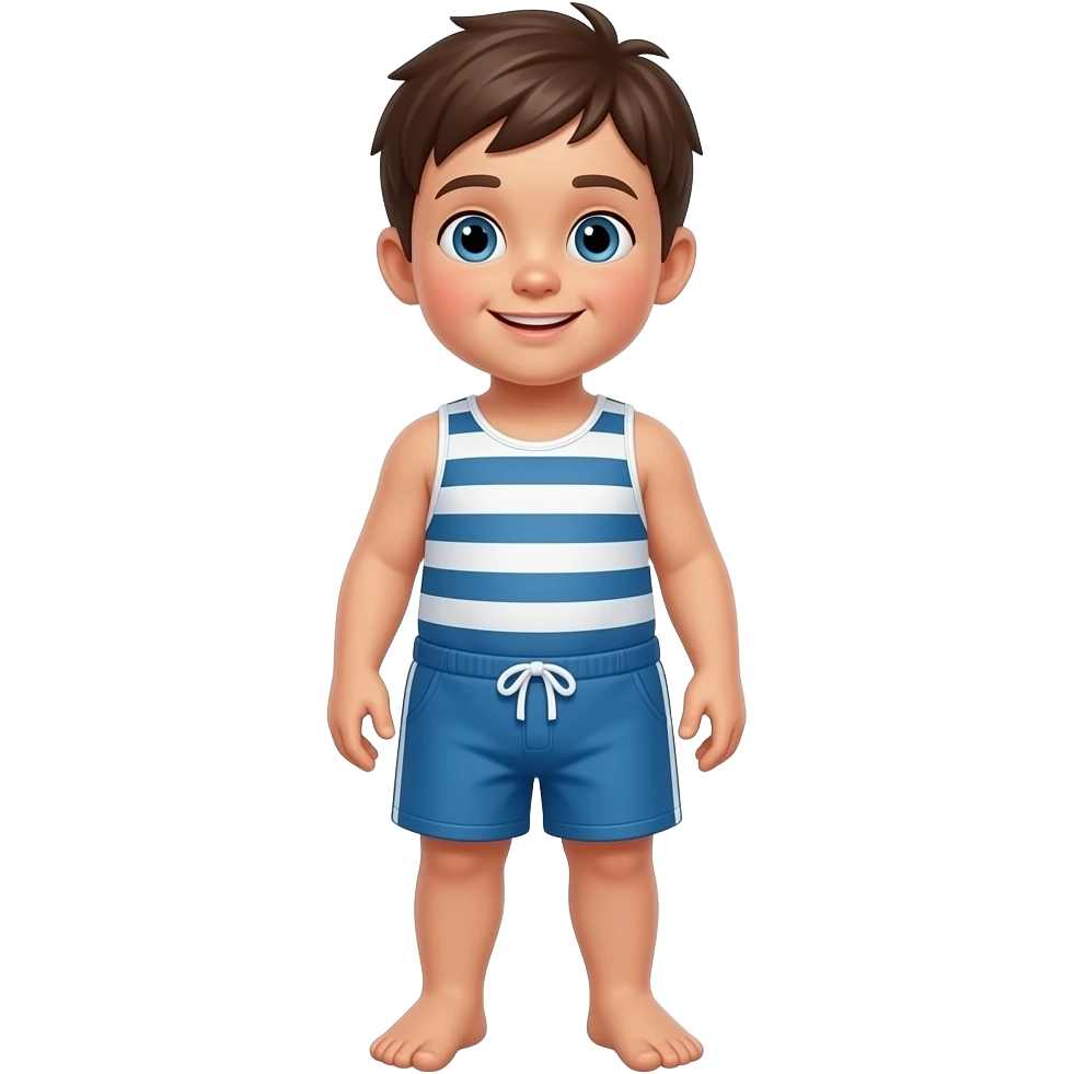 full-bodied standing slim young child boy wearing shorts swimsuit emoji
