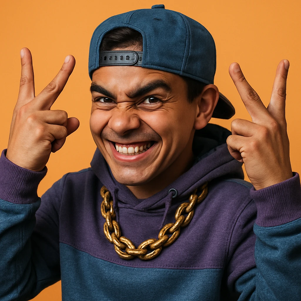 Make this playful, devious character more realistic, keep the YVL hand sign on both hands, streetwear outfit, expressive and lifelike face. Enhance realism with detailed facial expressions and clothing textures. emoji