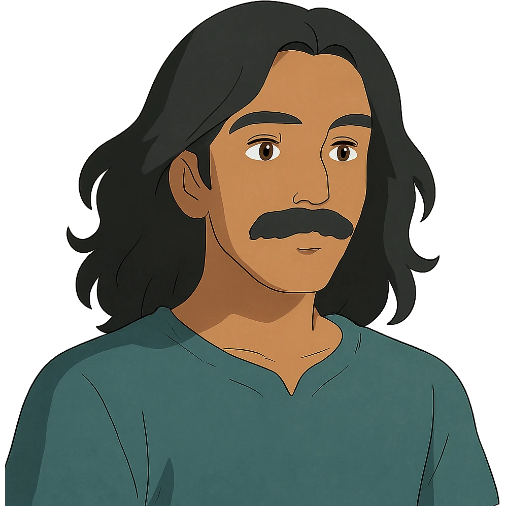 ghibli style illustration of a man with long black hair, mustache, no beard, brown skin emoji
