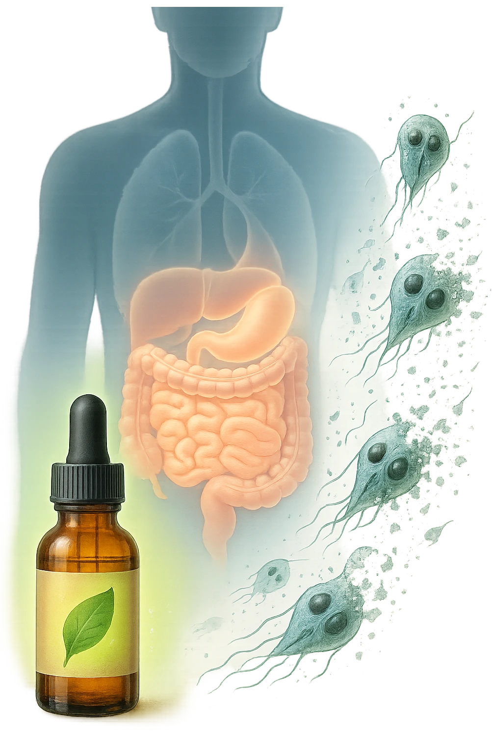 A realistic, high-quality medical illustration showing microscopic parasites leaving the human intestines, symbolically dissolving and breaking apart, after the intake of natural kinesiological drops. The drops are shown in a small amber glass dropper bottle in the foreground with a green leaf on the label, emitting a subtle glow symbolizing detox and cleansing. The background depicts a semi-transparent human silhouette with a highlighted digestive tract, showing clean, healthy intestines, while parasites in translucent fading colors are moving out, symbolizing elimination. The atmosphere is clean, fresh, and conveys a sense of natural healing, detoxification, and hope. emoji