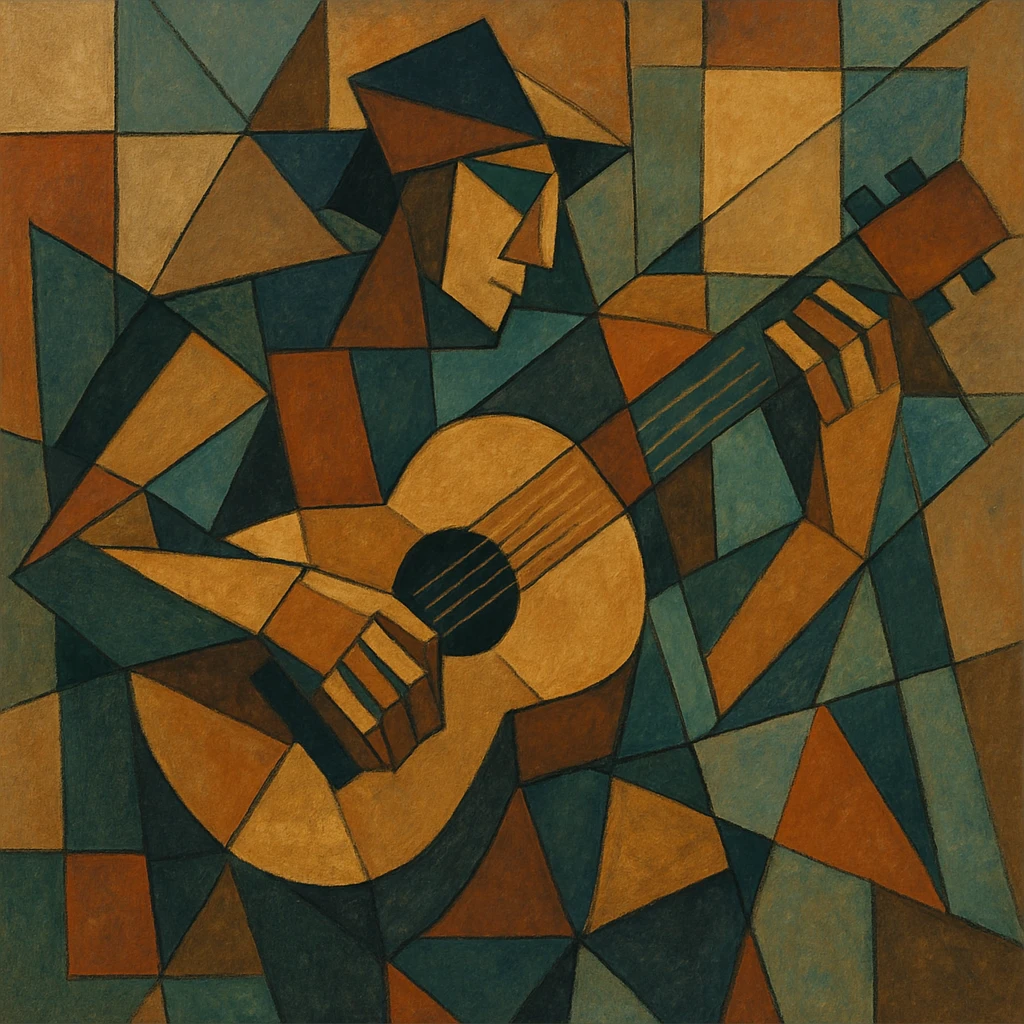 Musician playing a guitar with limbs and strings fractured into overlapping cubes and triangles.
 emoji