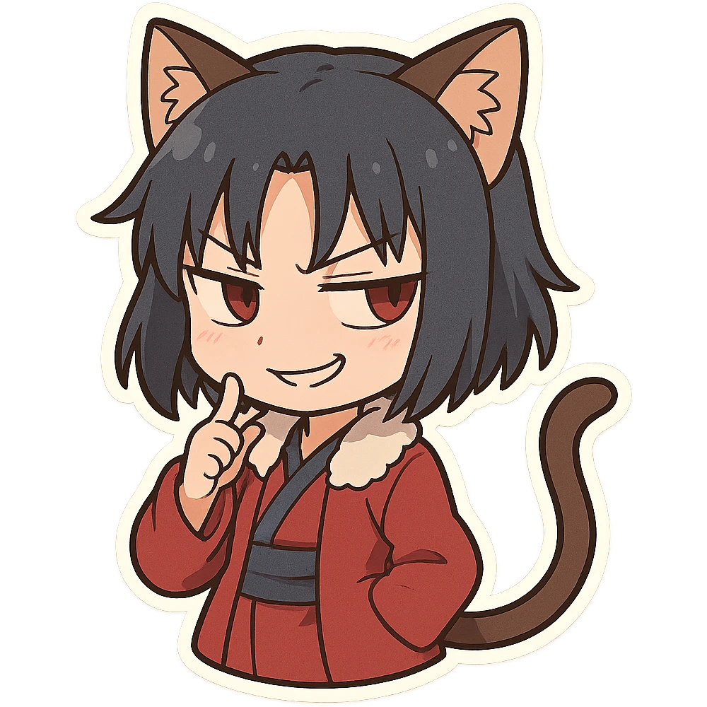 Chibi Ryougi Shiki with cat ears and cat tail, sly and deceptive expression, signature outfit emoji