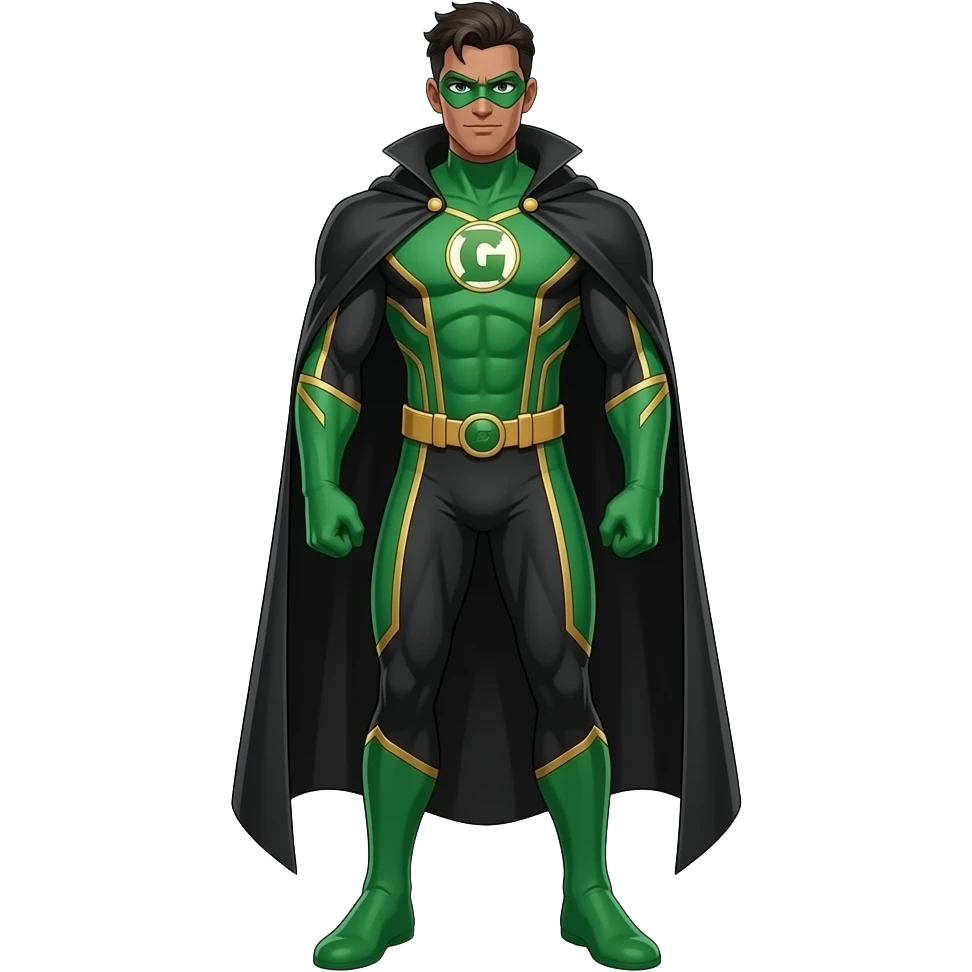 Anime superhero suite brown skin men green and gold lines and green face mask long black cape and letters G on the suite very tall full body emoji
