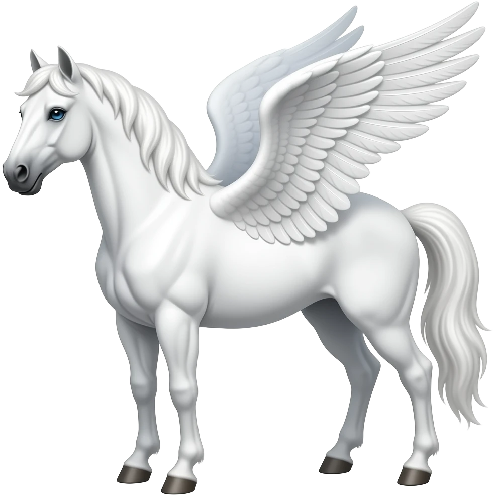 a white strong muscle  stallion with wings, a very short mane and blue eyes, emoji