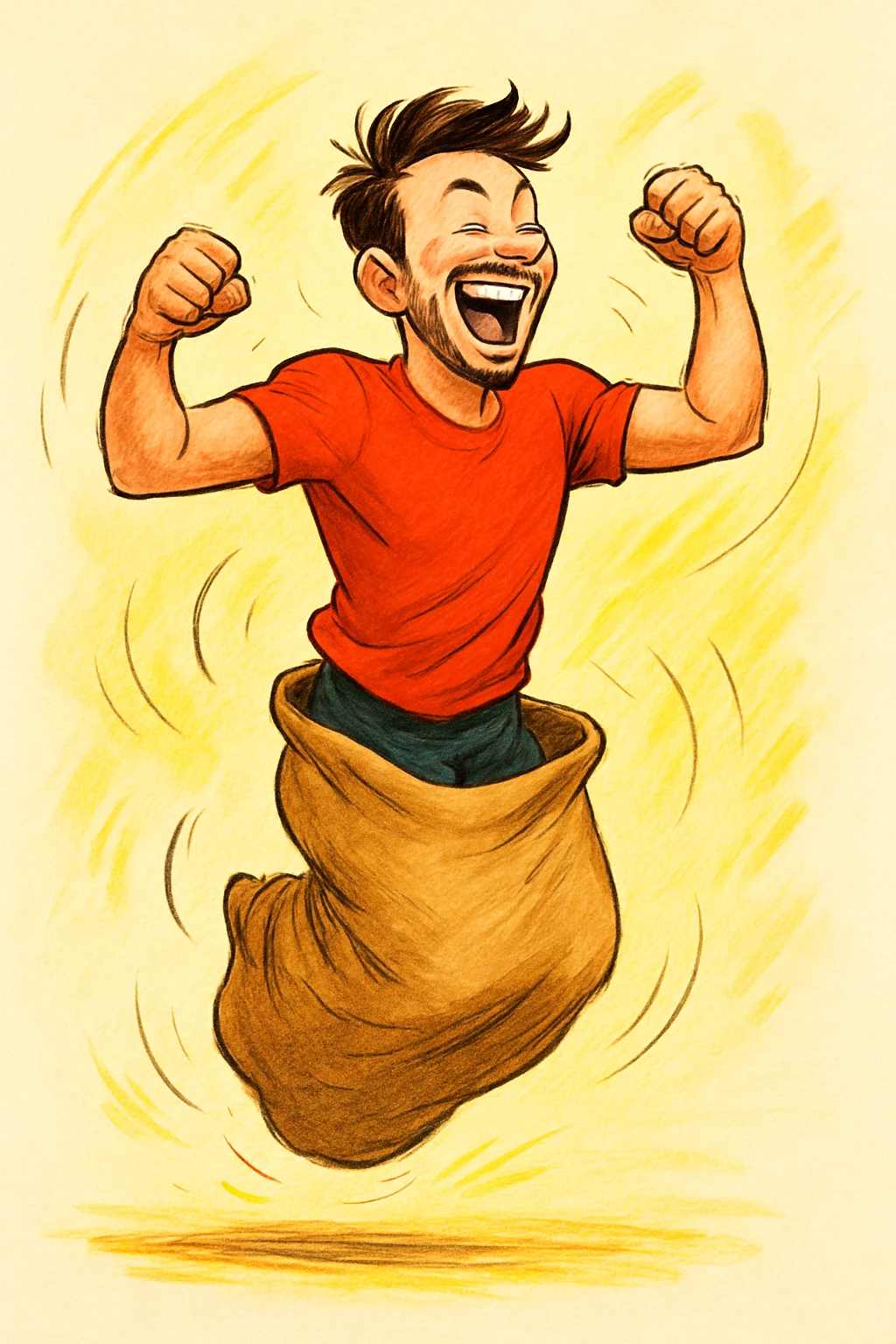 man jumping inside of a sack, energetic, simple background emoji