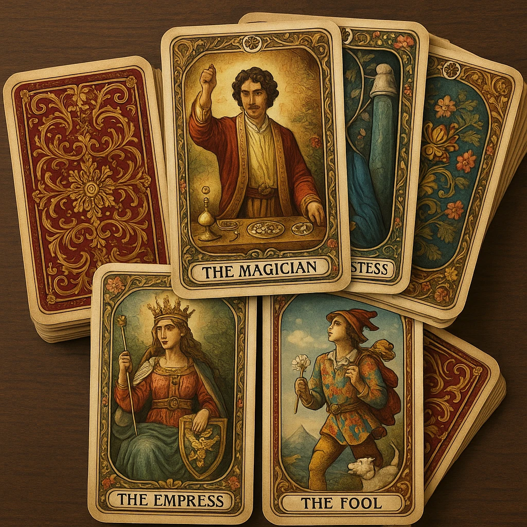 highly detailed tarot deck with decorative card backs, classic Victorian motifs, rich colors, cards stacked and slightly spread emoji