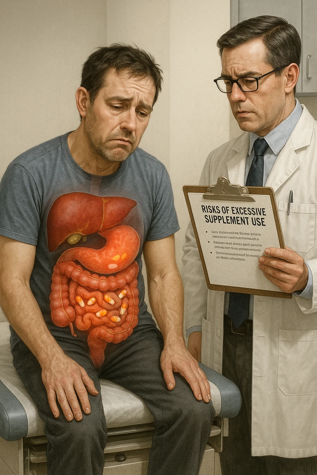 a man sits on a doctor’s examination table, looking fatigued and uncomfortable. A transparent anatomical overlay reveals his liver and intestines, both appearing inflamed and congested, with stylized supplement capsules and pills scattered throughout the digestive tract. The doctor stands nearby, holding a chart that highlights the risks of excessive supplement use. The mood is clinical and educational. in italiano iperrealistica emoji