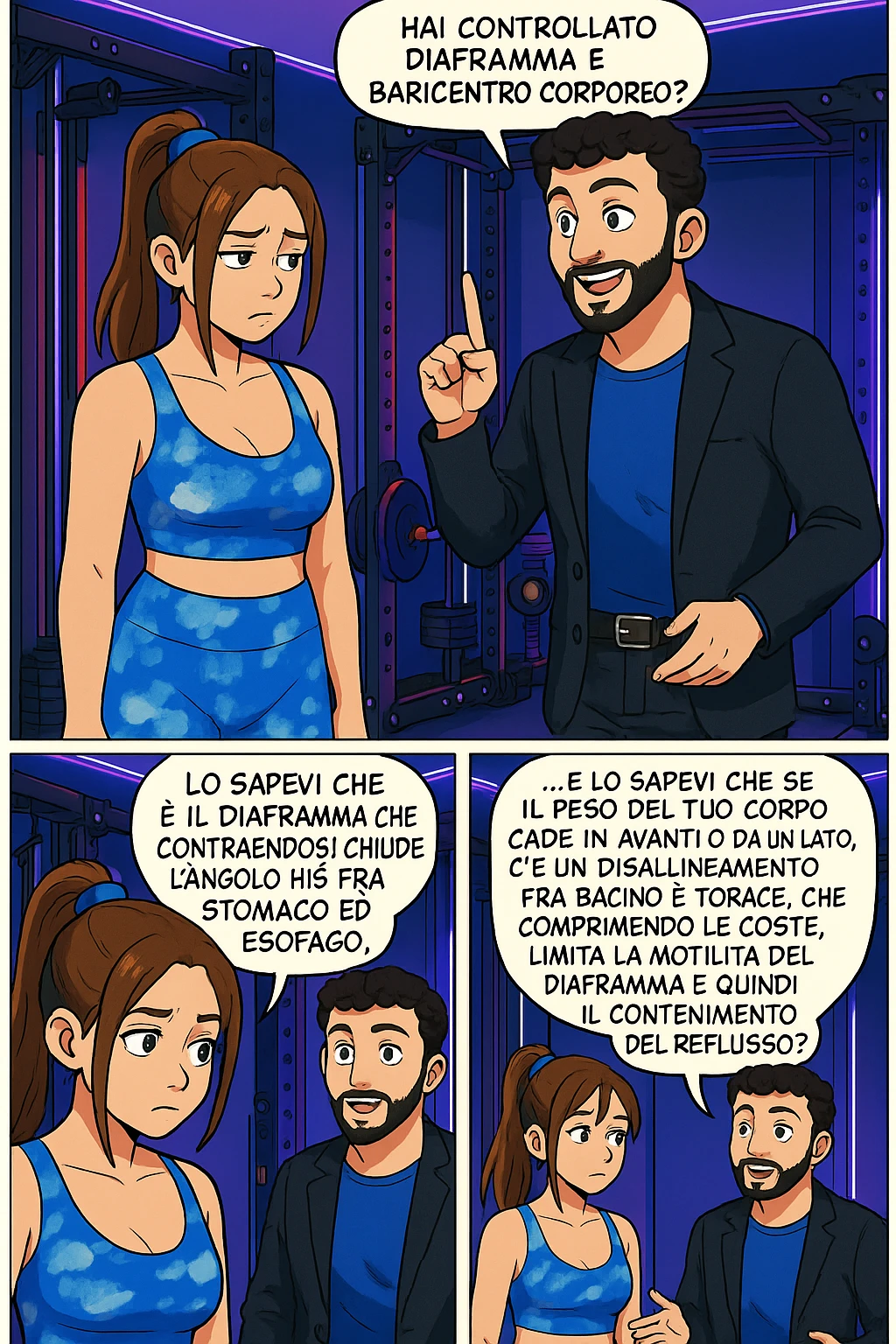 TRASFORMA QUESTO CAROSELLO IN UN FUMETTO STILE WEBTOON/MANGA A COLORI CON QUESTE DUE PERSONE IDENTICHE CHE INTERLOQUISCONO TRA LORO, L'uomo sta spiegando alla donna questo concetto:

LUI (UOMO): Hai controllato diaframma e baricentro corporeo?
LUI (UOMO): Lo sapevi che è il diaframma che contraendosi chiude l’angolo his fra stomaco ed esofago, contenendo la risalita degli acidi grassi?
LUI (UOMO): …e lo sapevi che se il peso del tuo corpo cade in avanti o da un lato, c’è un disallineamento fra bacino e torace, che comprimendo le coste, limita la motilità del diaframma e quindi il contenimento del reflusso? emoji