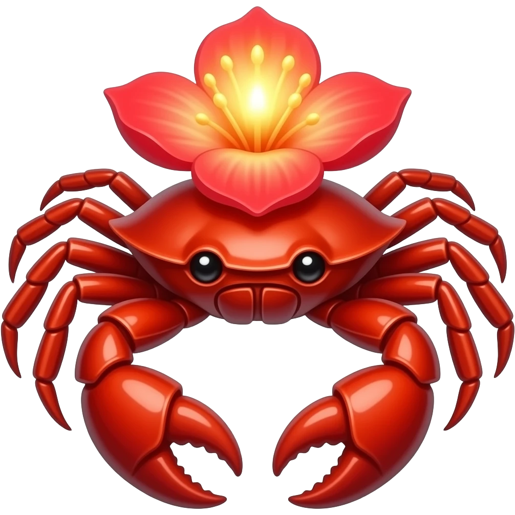 A red crab with a red flower glowing glowing on its back red eyes facing forward emoji
