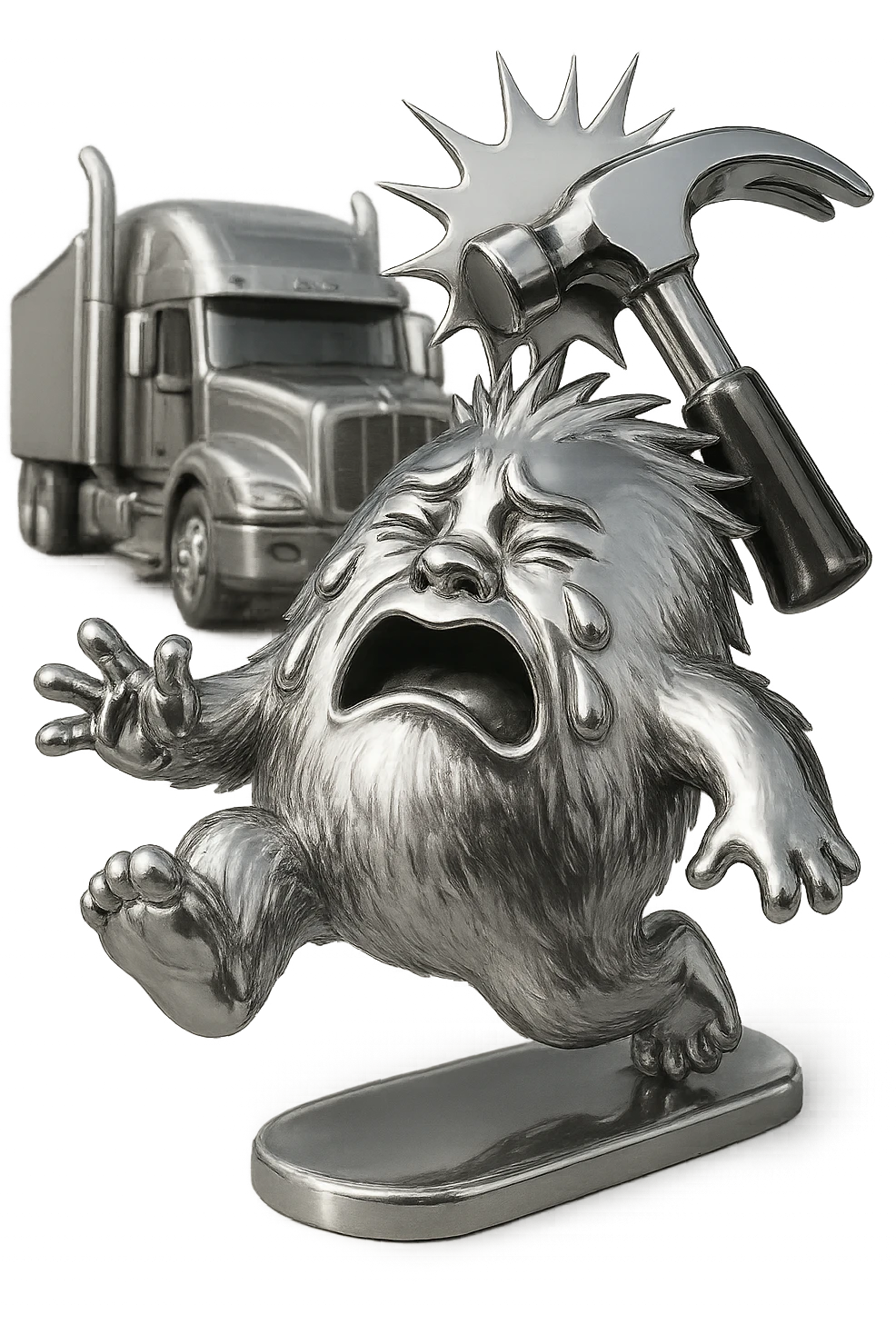 Add a comic-style impact effect where the hammer hits the abominable snowman, remove any blue color from the abominable snowman. Keep the side view, flattop semi with chrome stacks far behind, light and realistic style, no text. emoji
