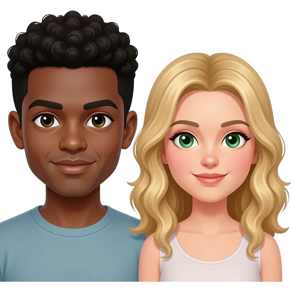 Chico negro pelo corto rizado con chica rubia, pelo ondulado y ojos verdes emoji