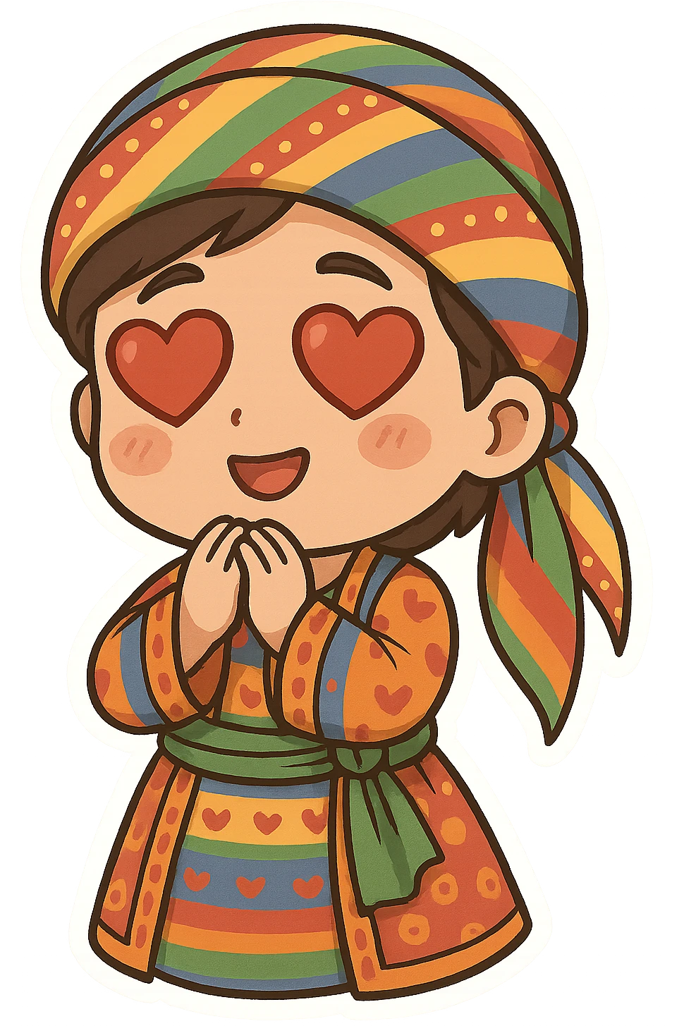 Cartoon sticker of a Kurdish child in traditional colorful and cheerful Kurdish child clothing, with a romantic facial expression and heart-shaped eyes similar to the 😍 emoji, no text, suitable for WhatsApp and Instagram, transparent background. emoji